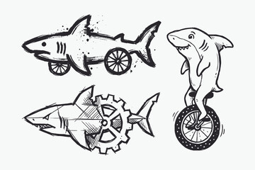 Hand-Drawn Shark Illustrations: Mechanical, Brush Stroke, and Unicycle Sketches © Ghaghah24