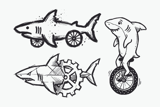 Hand-Drawn Shark Illustrations: Mechanical, Brush Stroke, and Unicycle Sketches
