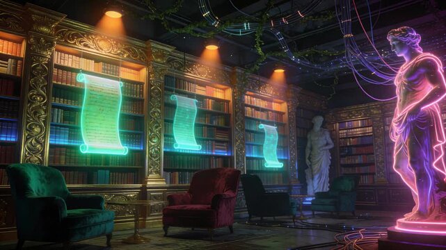 Cyberpunk library with neon scrolls and classic statues.