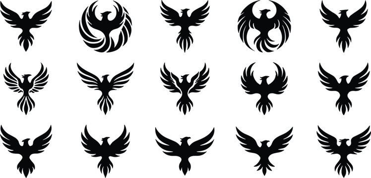 Phoenix bird silhouettes collection, black vector designs, mythical rebirth symbol artwork, fantasy creature logos, spiritual renewal, decorative illustration set