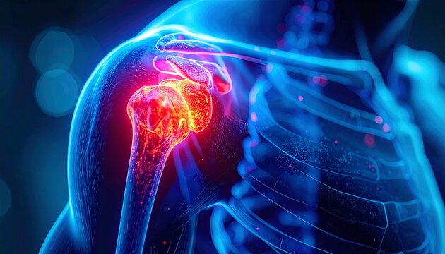 An artistic representation of a shoulder injury, with vibrant colors emphasizing pain and inflammation.