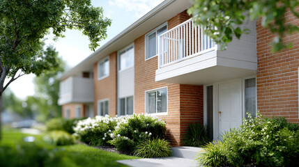 Fototapeta premium Classic mid-century residential block with low-pitched roofs and brick facade