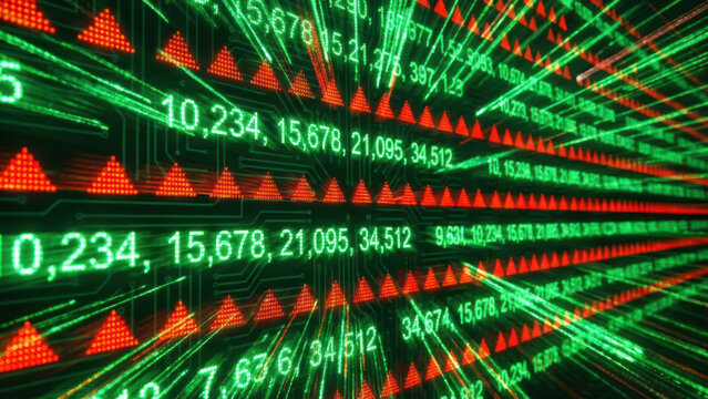 Green numeric data stream with red triangular indicators conveying dynamic market tension and digital motion