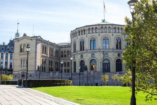 Tranquil view of Storting building at sunny day in Norway