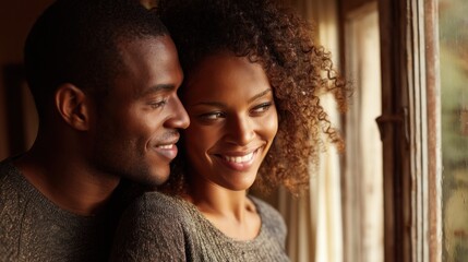 Obraz premium Couple looking out window smiling indoors