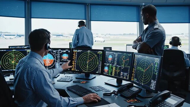 Air traffic controllers working in a control room