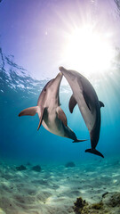 Two dolphins touching noses underwater with sunlight streaming through blue water
