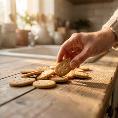 Hand reaches for cookie on wooden table in sunny kitchen with natural light