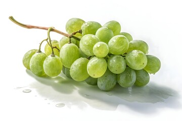 A bunch of green grapes with water droplets on a white background