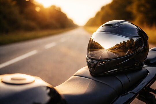 Motorcycle helmet resting on seat with road reflection at sunset