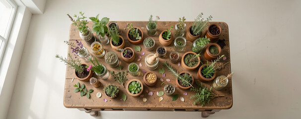 Collection of small plants on a wooden table with natural light illuminating the scene