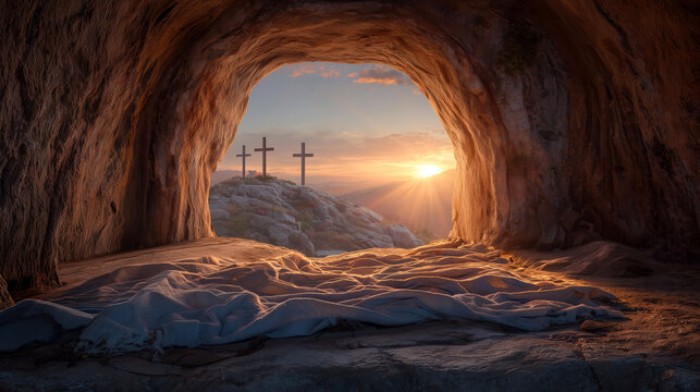 Easter morning dawns over the empty tomb symbolizing the resurrection of Jesus Christ in a serene landscape