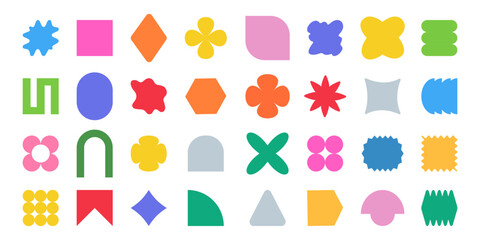 Abstract shape stickers with organic forms and retro geometric elements. Trendy Y2K graphic design shapes for creative branding and modern packaging projects.