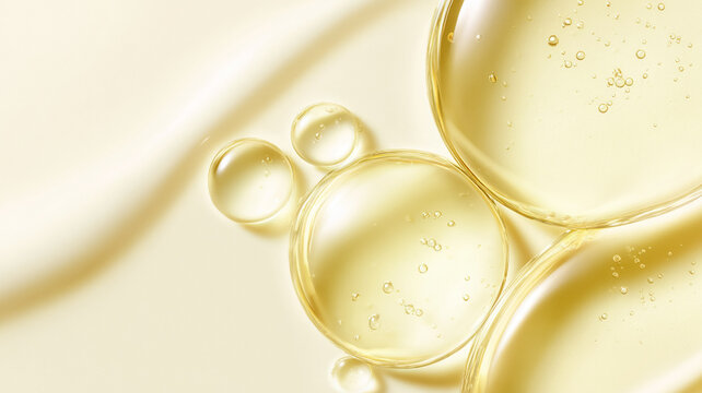 Viscous golden oil bubbles and transparent serum, macro abstract texture for cosmetic skincare and beauty product concept
