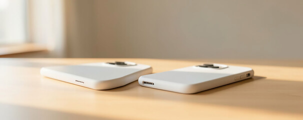 Two white smartphones placed on a wooden table in natural light during the day in a simple indoor setting