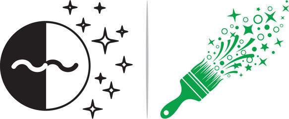 A split-circle icon with a wave symbol and sparkling accents, paired with a green paint brush creating a magical trail of stars and bubbles. Represents creative touch and artistic refinement. © Muhammad
