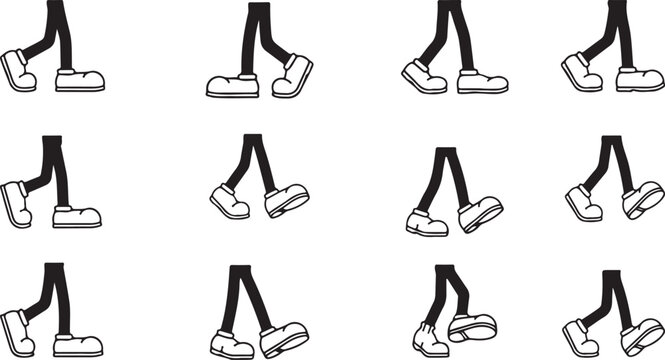 Simplified walk cycle frames featuring thick black cartoon legs and large round shoes for mascot design and mascot animation projects emphasizing clear silhouettes and recognizable character shapes