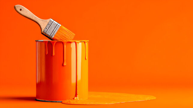 Vibrant orange paint can with dripping brush and spilled paint creating a monochromatic and dynamic composition on an orange background