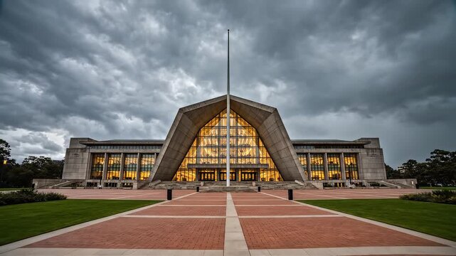 Modern building with illuminated facade under cloudy sky