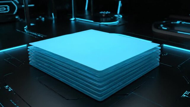Glowing blue transform stack rises on a futuristic platform in a dark room.