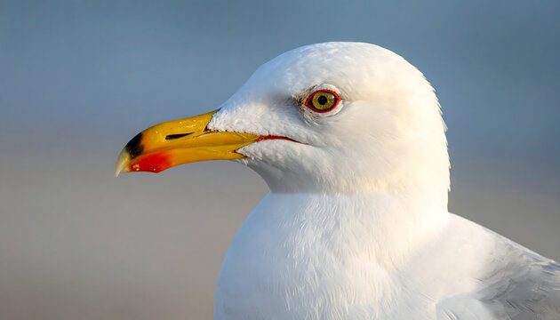 Seagull portrait, head shot. Crisp focus, bright plumage, eye detail