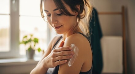 Smiling woman applying cream on her shoulder in a sunlit bathroom