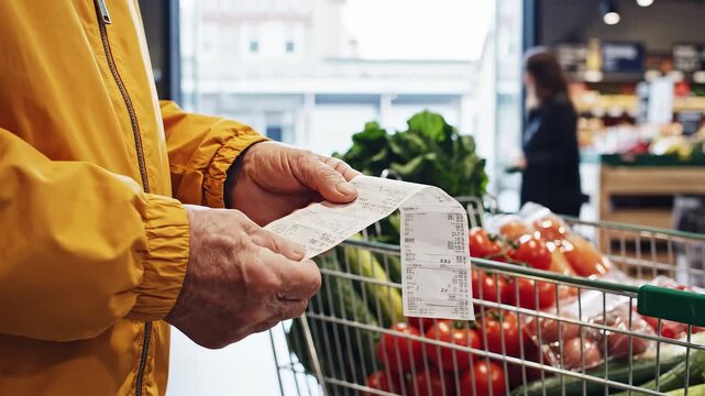 Person holding receipt in grocery cart