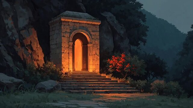 Mysterious ancient stone archway glowing warmly at dusk in serene natural landscape