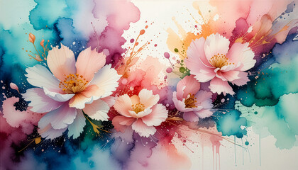 Eksplozja kolorowych kwiat&oacute;w &ndash; Abstrakcyjna akwarela.
