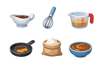 Obraz premium Collection of cartoon cooking ingredients and utensils for making sauces and gravies