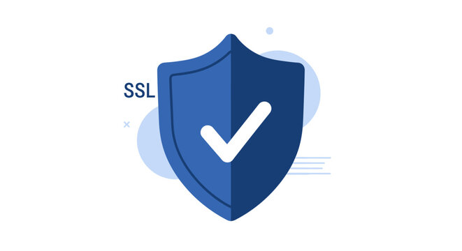 Blue shield with white checkmark icon and SSL text, representing security and data protection, modern flat design