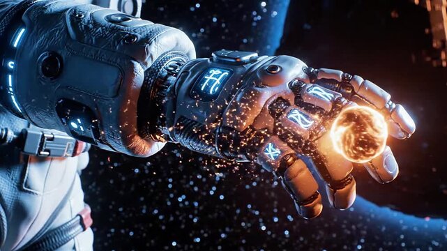 A robotic hand emitting sparks and holding a glowing light against a starry space background