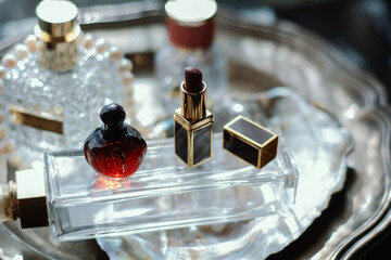 Luxury beauty flat lay: deep red perfume, gold lipstick, black case on iridescent mother-of-pearl tray with natural pearls. Soft dreamy lighting, romantic glow, feminine elegance 