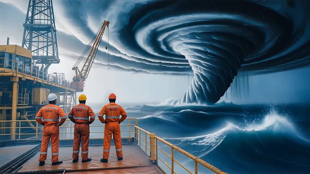Industrial workers watching massive tornado near construction site