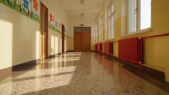 Hallway with flower mural and sunlight