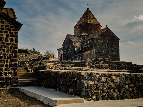 Drone photo of Sevanavank Monastery with horses. High quality photo