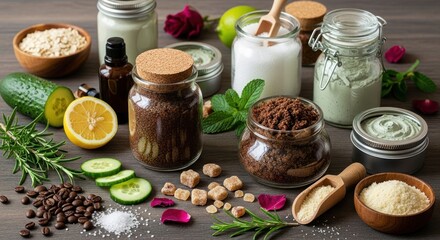 Various natural ingredients, lotions, and powders arranged on a wooden table