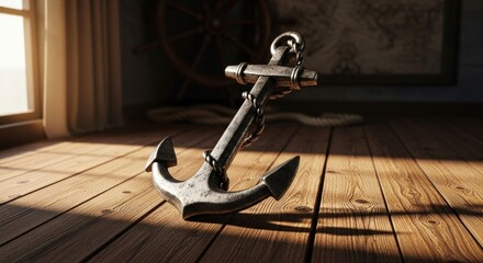 Vintage nautical anchor on wood floor, sunlight streaming through a window