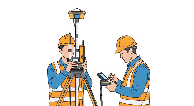 Surveyors Using GNSS RTK Equipment and Data Collector