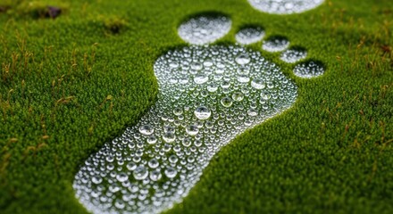 Water drops forming a footprint on vibrant green moss, close-up