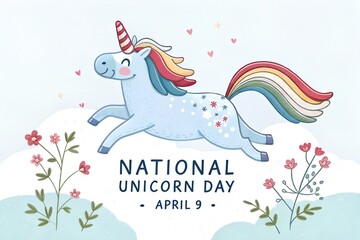 Obraz premium Delightful illustration celebrating national unicorn day on april ninth featuring a joyous light blue mythical horse with rainbow mane and tail jumping happily above flowers.