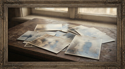 A Stack of Vintage Photographs Scattered on an Old Wooden Table Near a Window