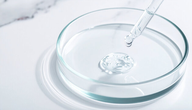 Transparent dish clear gel bubbles pipette laboratory clinical science research sterile liquid. closeup of transparent dish with clear gel and bubbles pipette dropping liquid bright clinical