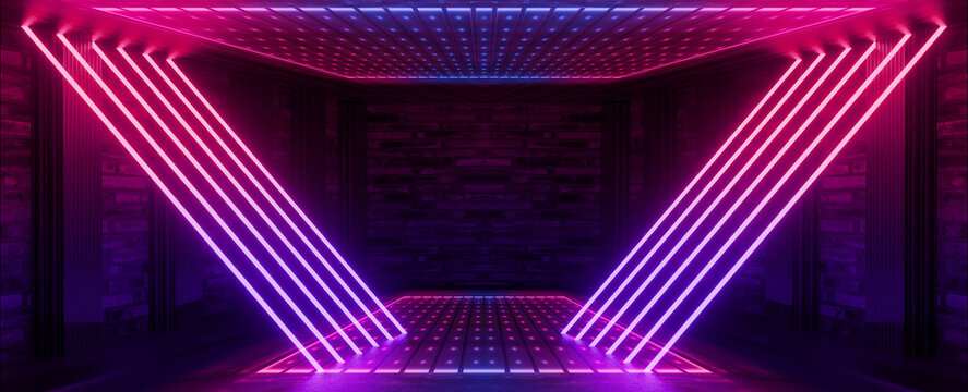 Red and blue neon lights in a dark room made of concrete and old brick. Dark room with neon. 3D rendering Illustration