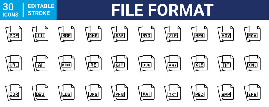 File type vector icons set featuring the most popular file formats and extensions. Editable vector