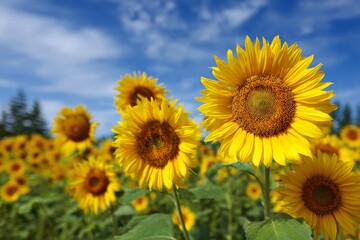Fototapeta premium Sunflowers blooming under bright blue summer sky