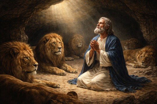 Daniel in the lions den old testament bible story of prophet Daniel saved by God after praying despite King Darius decree in Babylon captivity, religious stock  illustration