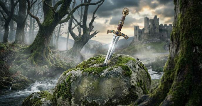 Excalibur is the legendary magical sword of King Arthur, often associated with his rightful sovereignty and famously retrieved from either a stone or the Lady of the Lake, stock illustration