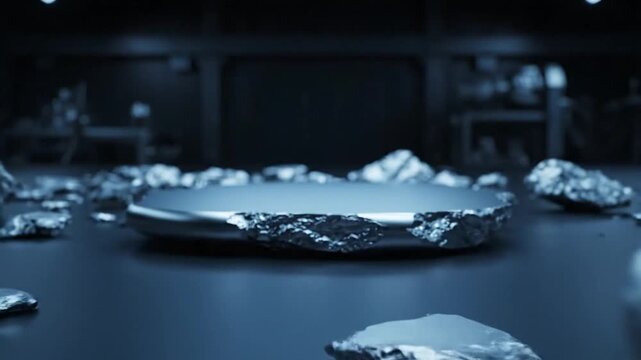Metallic rocks scattered on dark floor undergoing transform in an industrial setting