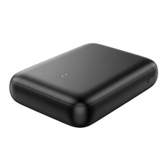 A sleek black portable power bank with a smooth surface and rounded edges.
